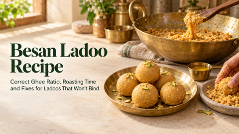 Golden besan ladoos in farmhouse kitchen