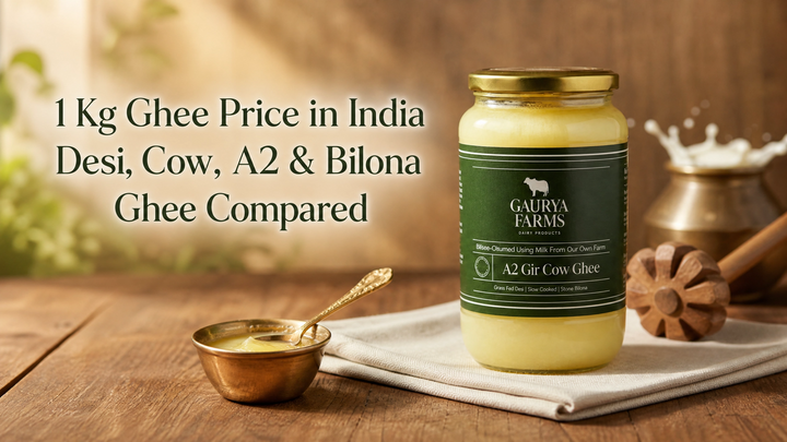 1 Kg Ghee Price in India, Gaurya Farms A2 Bilona Gir Cow Ghee product packaging